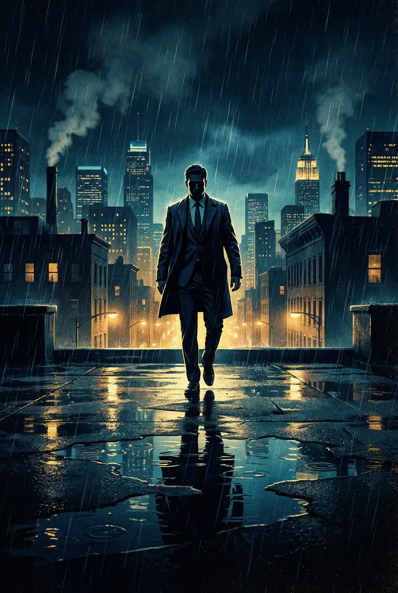 国产无人区码卡二卡3卡4卡剧情 出品影片《雨夜独行者》海报，雨中城市屋顶男性剪影